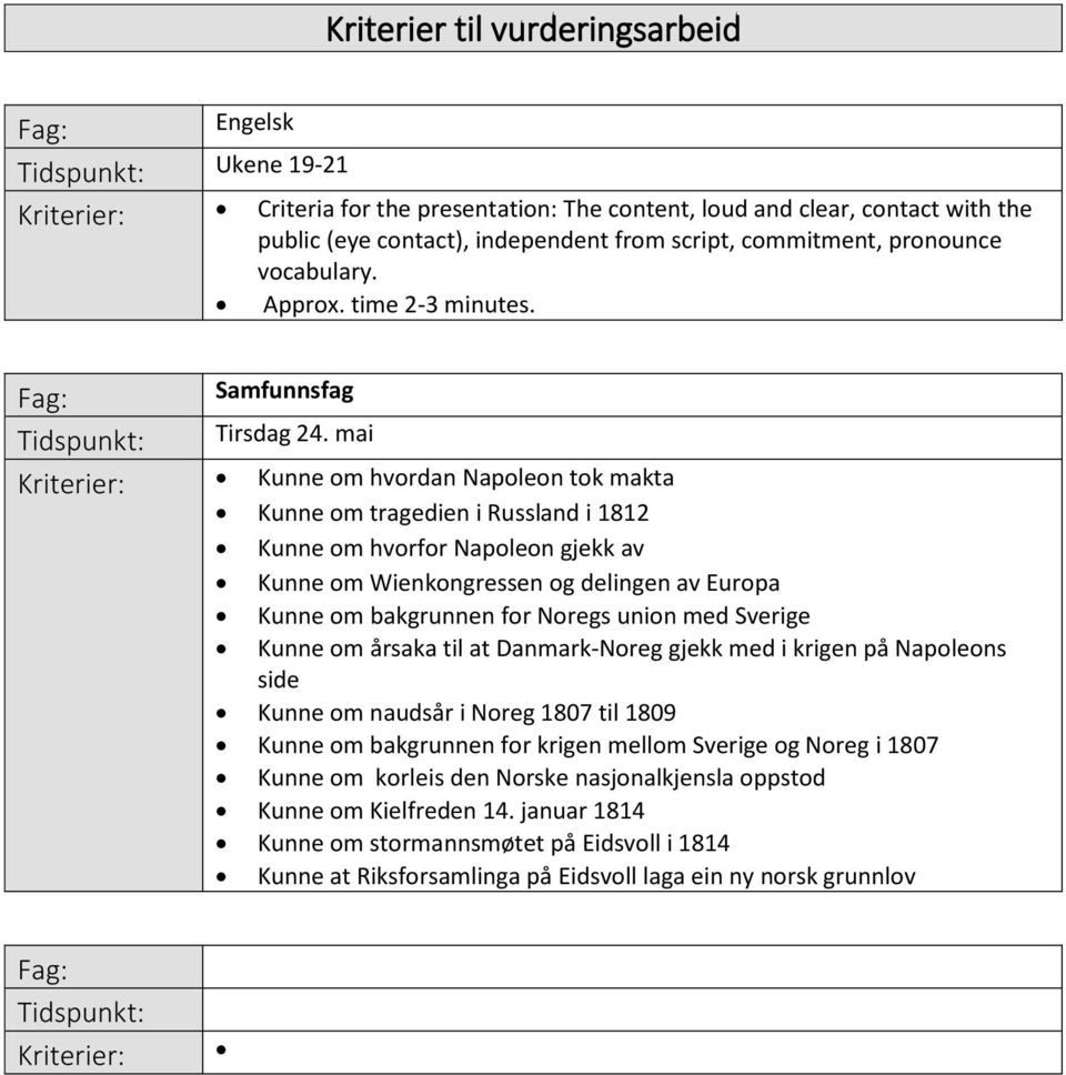 mai Kriterier: Kunne om hvordan Napoleon tok makta Kunne om tragedien i Russland i 1812 Kunne om hvorfor Napoleon gjekk av Kunne om Wienkongressen og delingen av Europa Kunne om bakgrunnen for Noregs