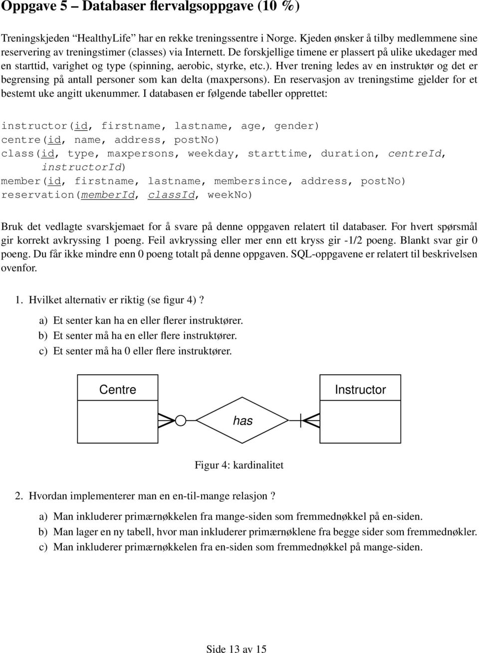 Hver trening ledes av en instruktør og det er begrensing på antall personer som kan delta (maxpersons). En reservasjon av treningstime gjelder for et bestemt uke angitt ukenummer.