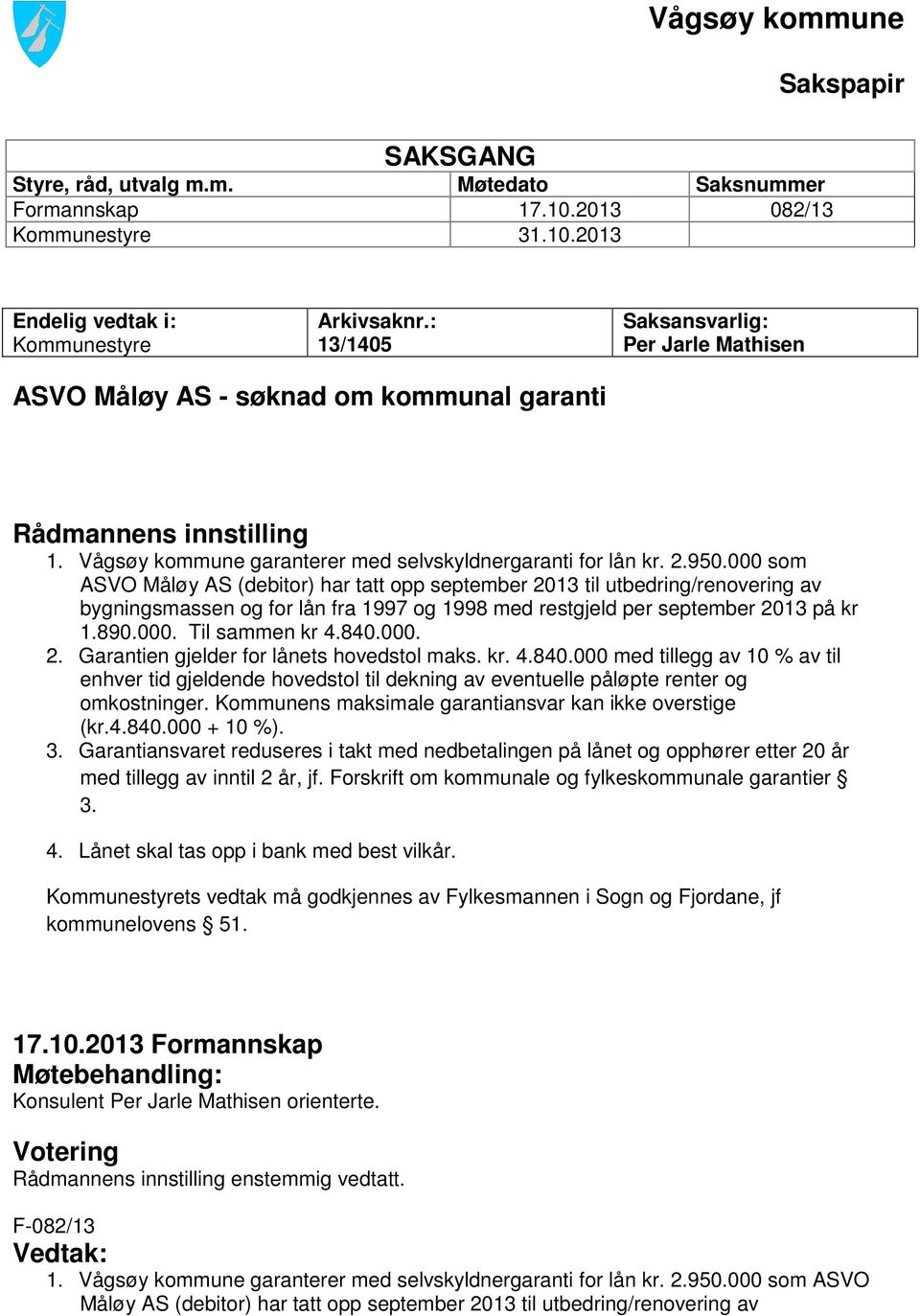 000 som ASVO Måløy AS (debitor) har tatt opp september 2013 til utbedring/renovering av bygningsmassen og for lån fra 1997 og 1998 med restgjeld per september 2013 på kr 1.890.000. Til sammen kr 4.