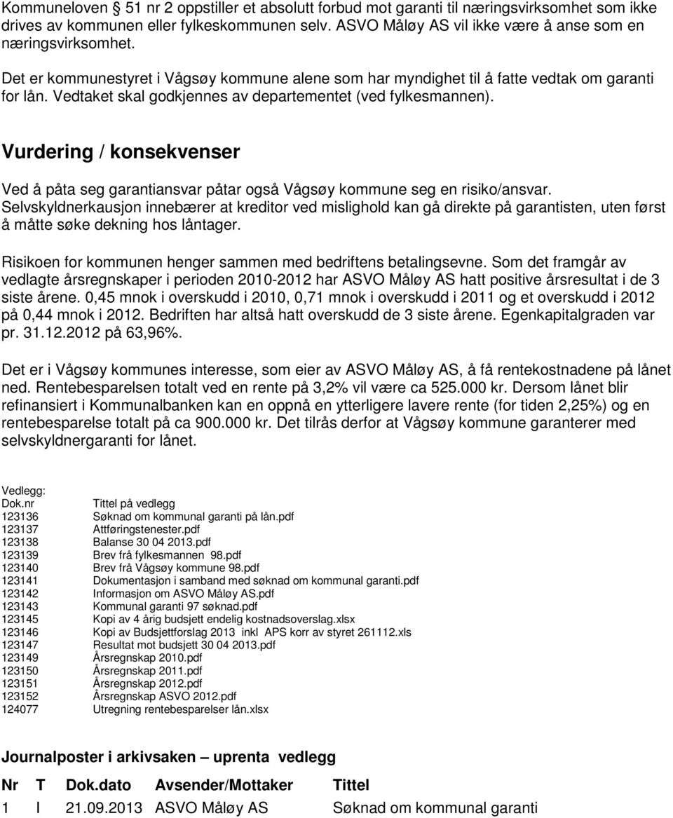 Vurdering / konsekvenser Ved å påta seg garantiansvar påtar også Vågsøy kommune seg en risiko/ansvar.