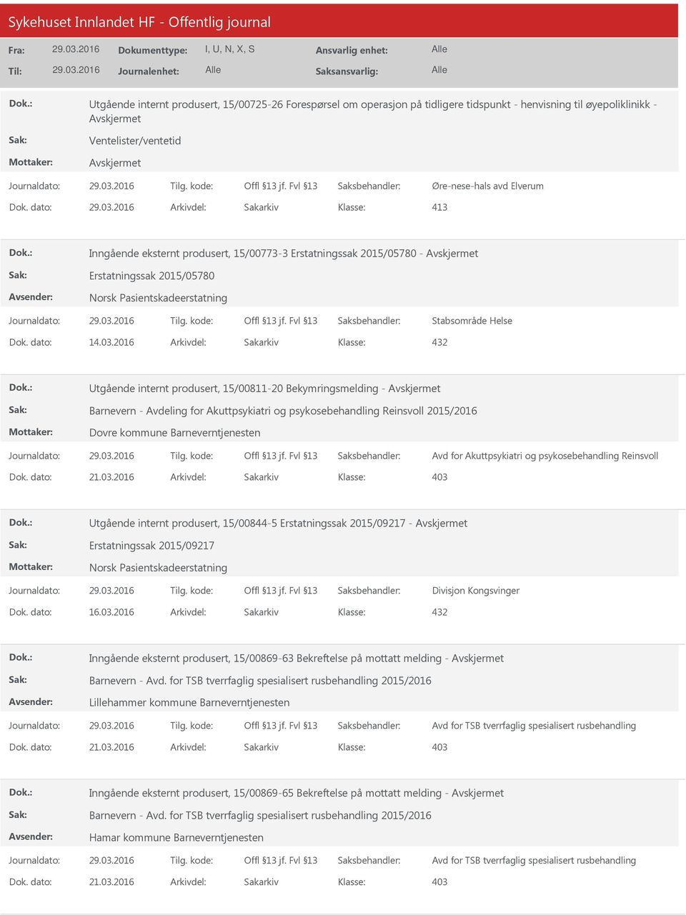 2016 Arkivdel: Sakarkiv 432 tgående internt produsert, 15/00811-20 Bekymringsmelding - Barnevern - Avdeling for Akuttpsykiatri og psykosebehandling Reinsvoll 2015/2016 Dovre kommune