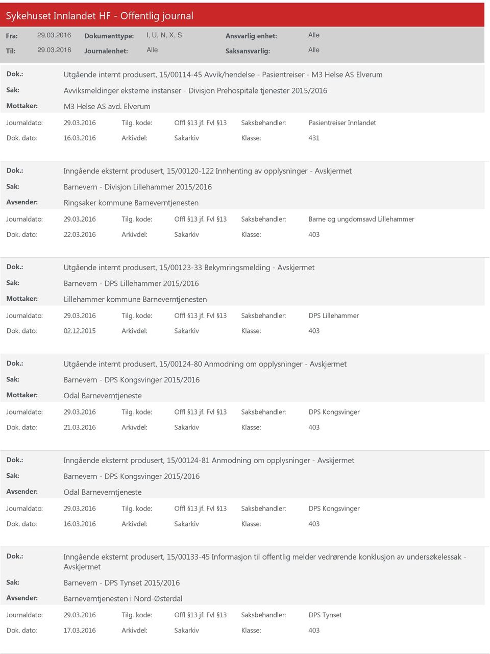 2016 Arkivdel: Sakarkiv 431 Inngående eksternt produsert, 15/00120-122 Innhenting av opplysninger - Barnevern - Divisjon Lillehammer 2015/2016 Ringsaker kommune Barneverntjenesten Barne og ungdomsavd