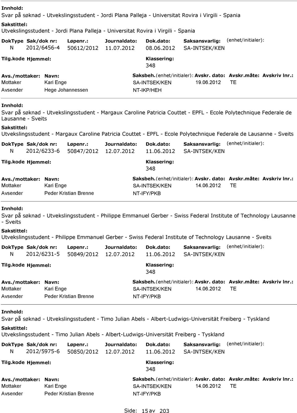 2012 SA-TSEK/KE Avs./mottaker: avn: Saksbeh. Avskr. dato: Avskr.måte: Avskriv lnr.: SA-TSEK/KE 19.06.