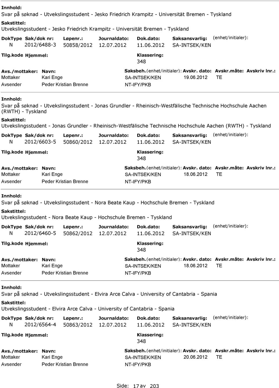 2012 SA-TSEK/KE Avs./mottaker: avn: Saksbeh. Avskr. dato: Avskr.måte: Avskriv lnr.: SA-TSEK/KE 19.06.