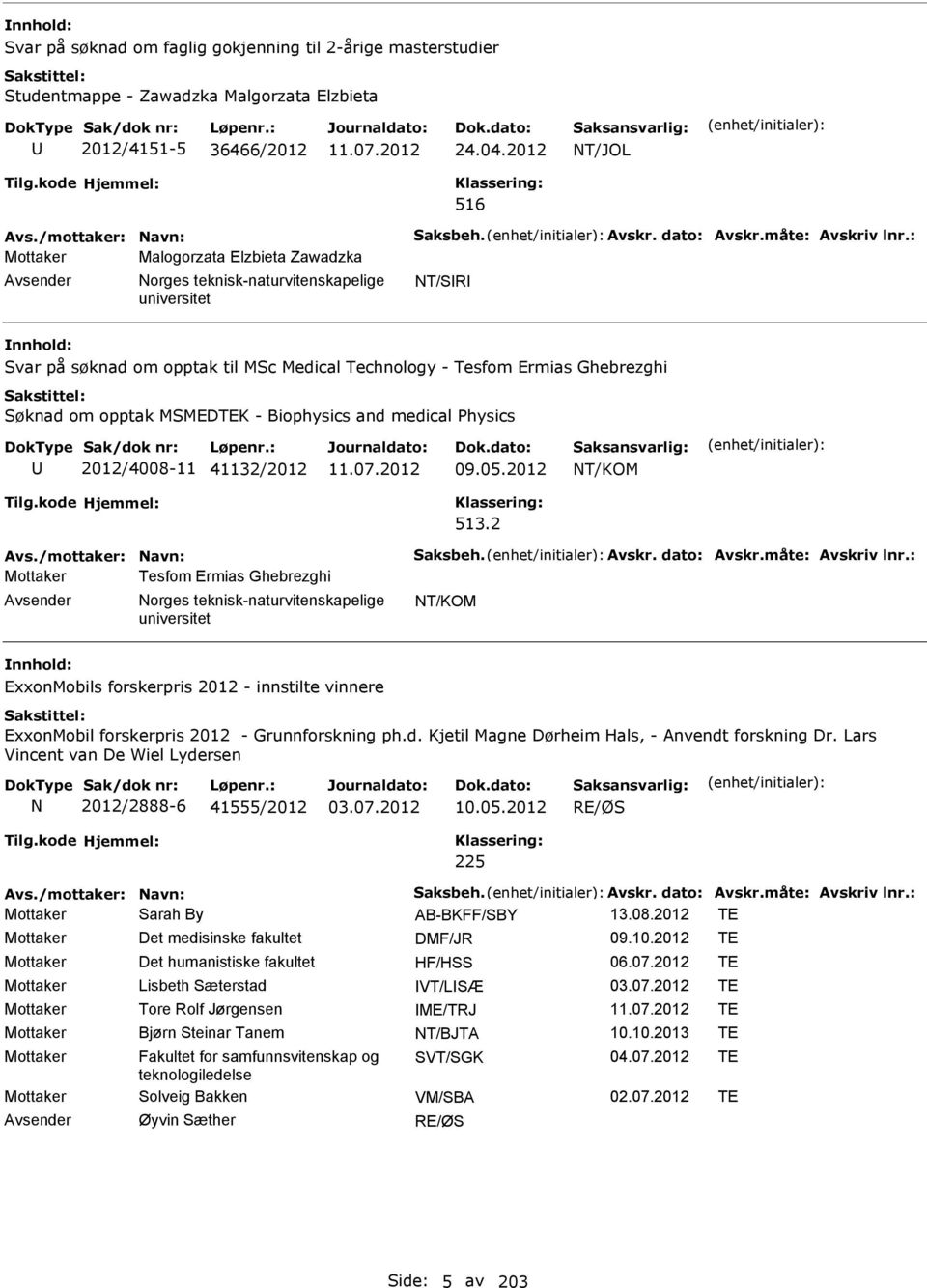 : Mottaker Malogorzata Elzbieta Zawadzka T/SR Svar på søknad om opptak til MSc Medical Technology - Tesfom Ermias Ghebrezghi Søknad om opptak MSMEDTEK - Biophysics and medical Physics 2012/4008-11