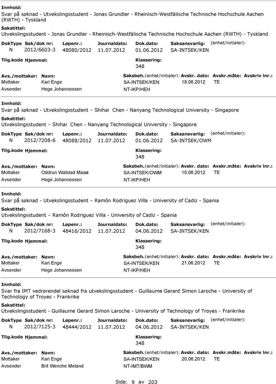 2012 SA-TSEK/KE Avs./mottaker: avn: Saksbeh. Avskr. dato: Avskr.måte: Avskriv lnr.: SA-TSEK/KE 18.06.