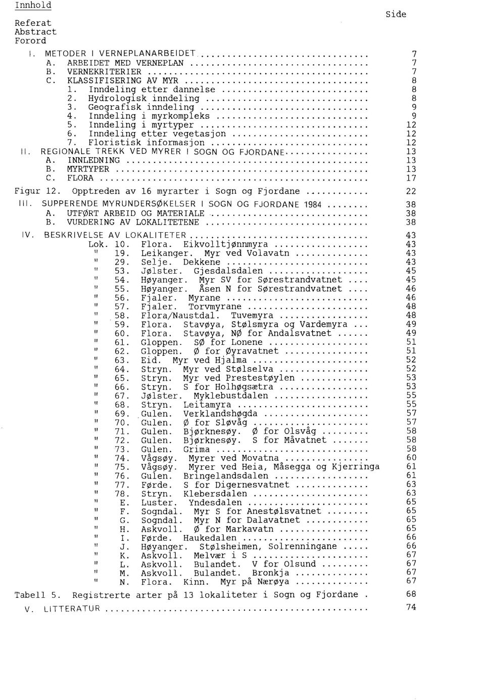 .. A INNLEDNING... B MYRTYPER... C. FLORA... Figur 12. Opptreden av 16 myrarter i Sogn og Fjordane.,... Ill. SUPPERENDE MYRUNDERSØKELSER I SOGN OG FJORDANE 1984... A. UTFØRT ARBEID OG MATERIALE... B. VURDERING AV LOKALITETENE.