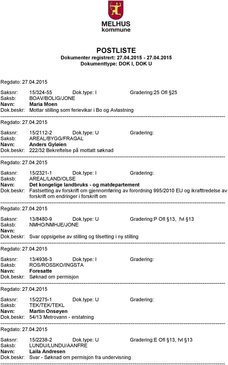 type: I Gradering: Saksb: AREAL/LAND/OLSE Det kongelige landbruks - og matdepartement Dok.