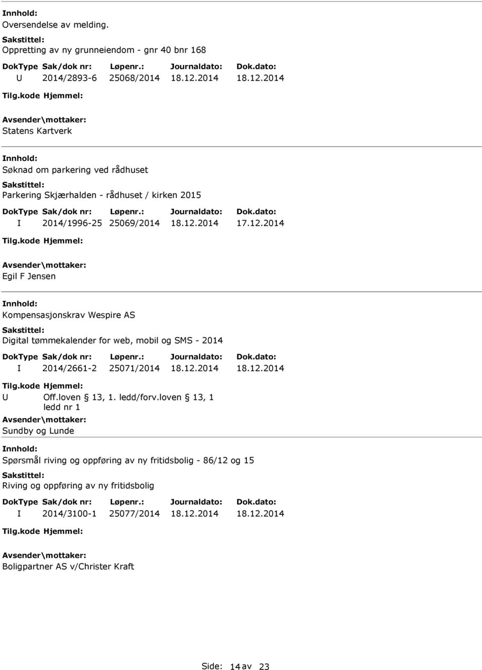 Skjærhalden - rådhuset / kirken 2015 2014/1996-25 25069/2014 Egil F Jensen Kompensasjonskrav Wespire AS Digital tømmekalender for