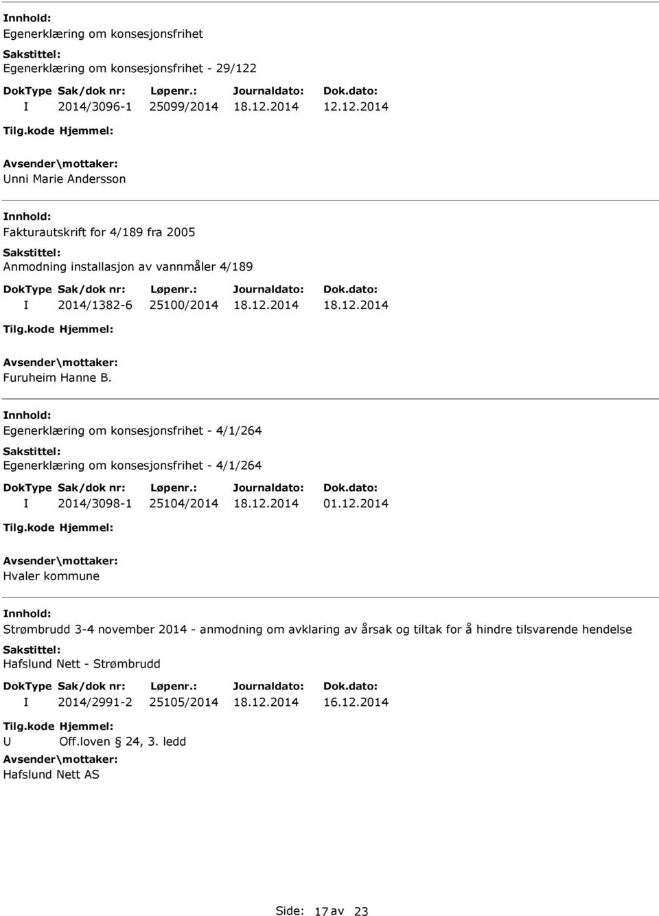 12.2014 nni Marie Andersson Fakturautskrift for 4/189 fra 2005 Anmodning installasjon av vannmåler 4/189 2014/1382-6 25100/2014 Furuheim Hanne B.