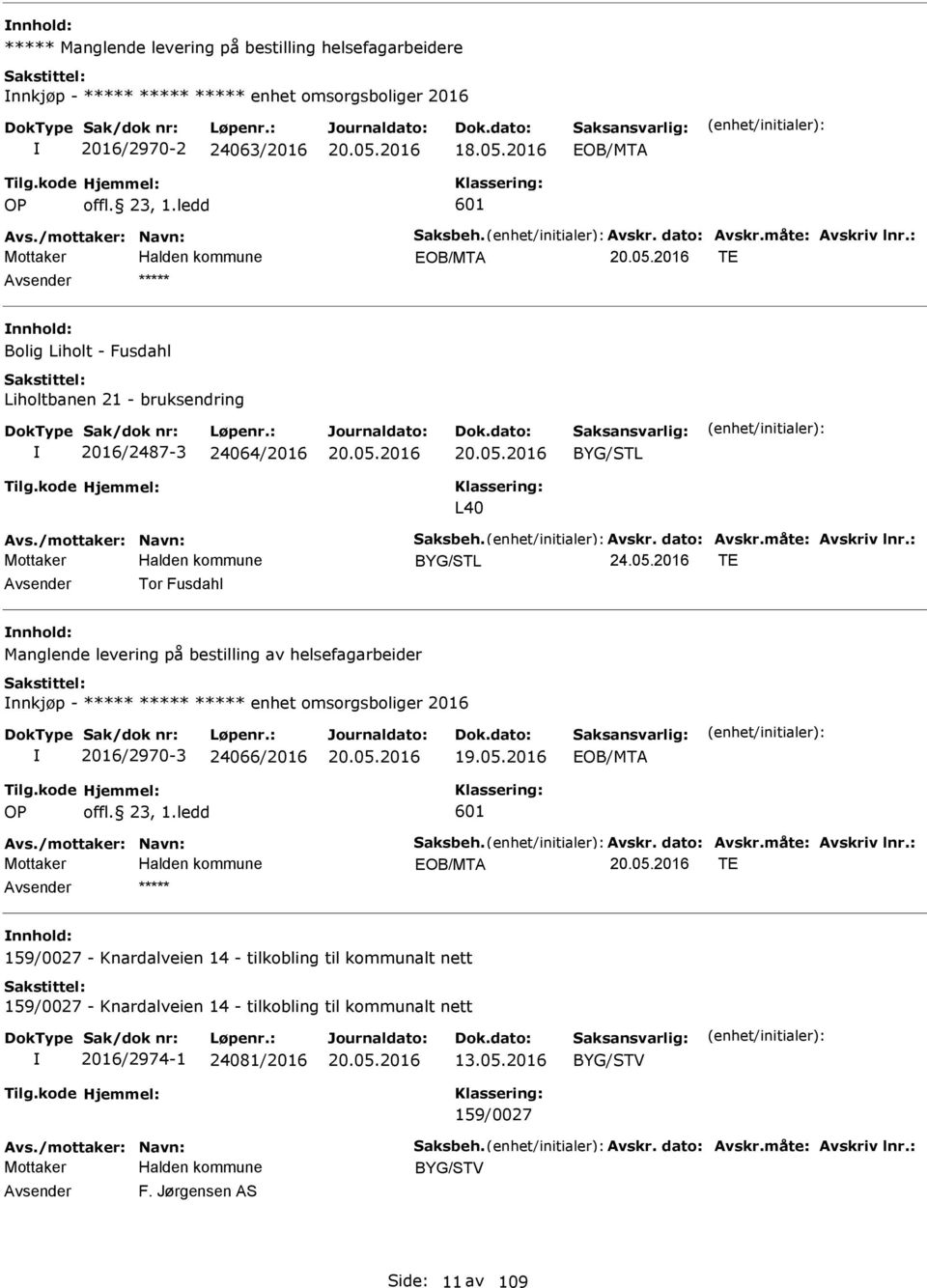 05.2016 OB/MTA OP offl. 23, 1.ledd 601 Avs./mottaker: Navn: Saksbeh. Avskr. dato: Avskr.måte: Avskriv lnr.