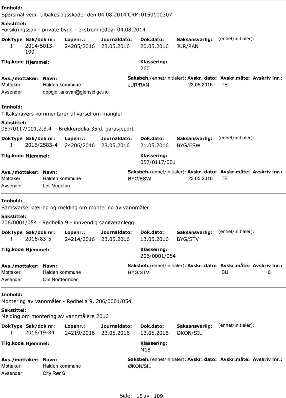 no nnhold: Tiltakshavers kommentarer til varsel om mangler 057/0117/001,2,3,4 - Brekkerødlia 35 d, garasjeport 2016/2583-4 24206/2016 21.05.2016 BYG/SW 057/0117/001 Avs./mottaker: Navn: Saksbeh.