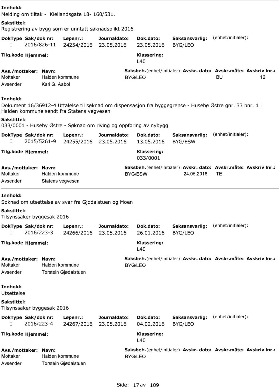 1 i Halden kommune sendt fra Statens vegvesen 033/0001 - Huseby Østre - Søknad om riving og oppføring av nybygg 2015/5261-9 24255/2016 13.05.2016 BYG/SW 033/0001 Avs./mottaker: Navn: Saksbeh. Avskr.