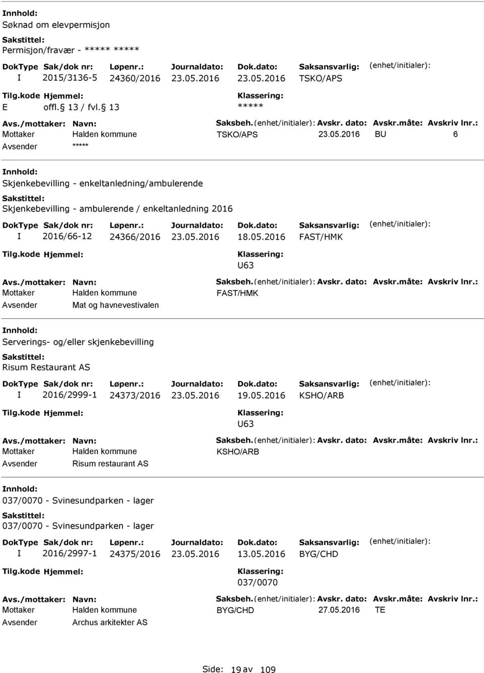 dato: Avskr.måte: Avskriv lnr.: FAST/HMK Avsender Mat og havnevestivalen nnhold: Serverings- og/eller skjenkebevilling Risum Restaurant AS 2016/2999-1 24373/2016 19.05.2016 KSHO/ARB U63 Avs.