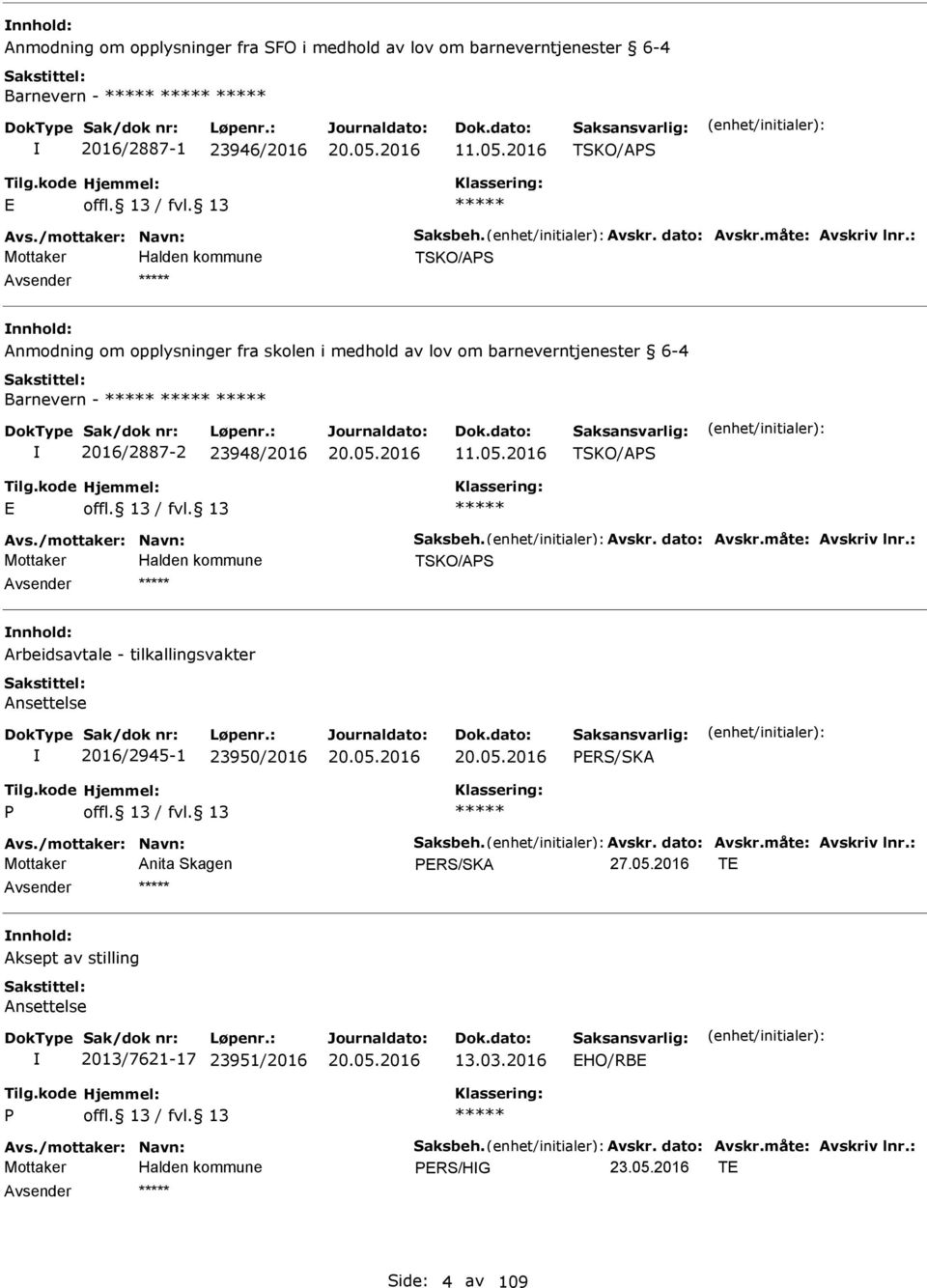 /mottaker: Navn: Saksbeh. Avskr. dato: Avskr.måte: Avskriv lnr.: TSKO/APS nnhold: Arbeidsavtale - tilkallingsvakter Ansettelse 2016/2945-1 23950/2016 PRS/SKA P Avs./mottaker: Navn: Saksbeh. Avskr. dato: Avskr.måte: Avskriv lnr.: Mottaker Anita Skagen PRS/SKA 27.