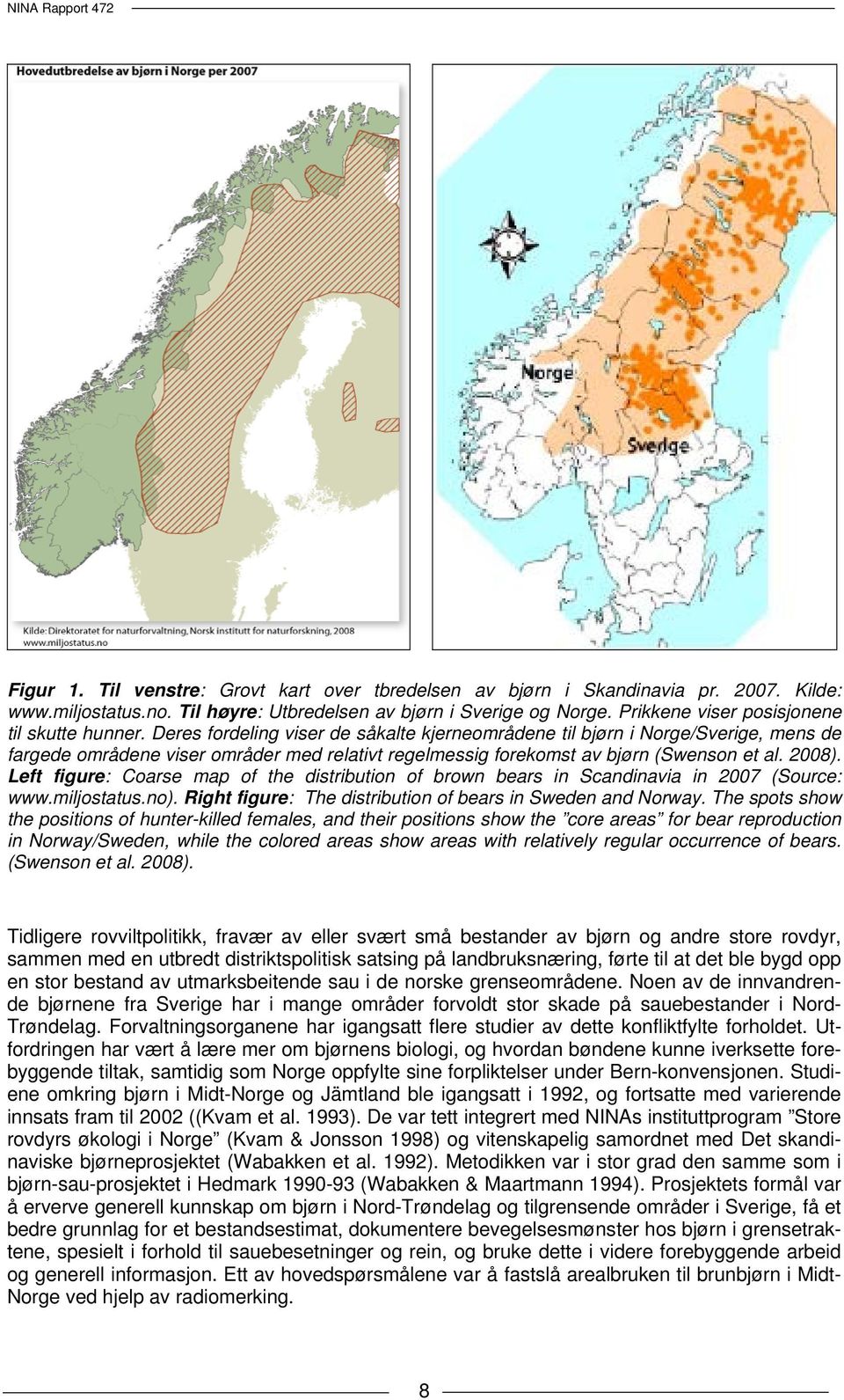 Deres fordeling viser de såkalte kjerneområdene til bjørn i Norge/Sverige, mens de fargede områdene viser områder med relativt regelmessig forekomst av bjørn (Swenson et al. 2008).