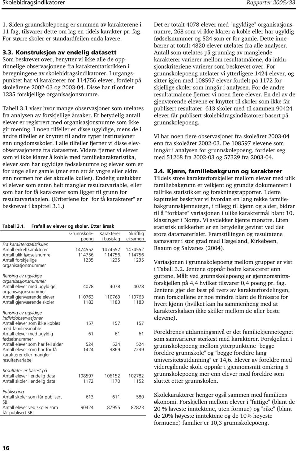 I utgangspunktet har vi karakterer for 114756 elever, fordelt på skoleårene 2002-03 og 2003-04. Disse har tilordnet 1235 forskjellige organisasjonsnumre. Tabell 3.