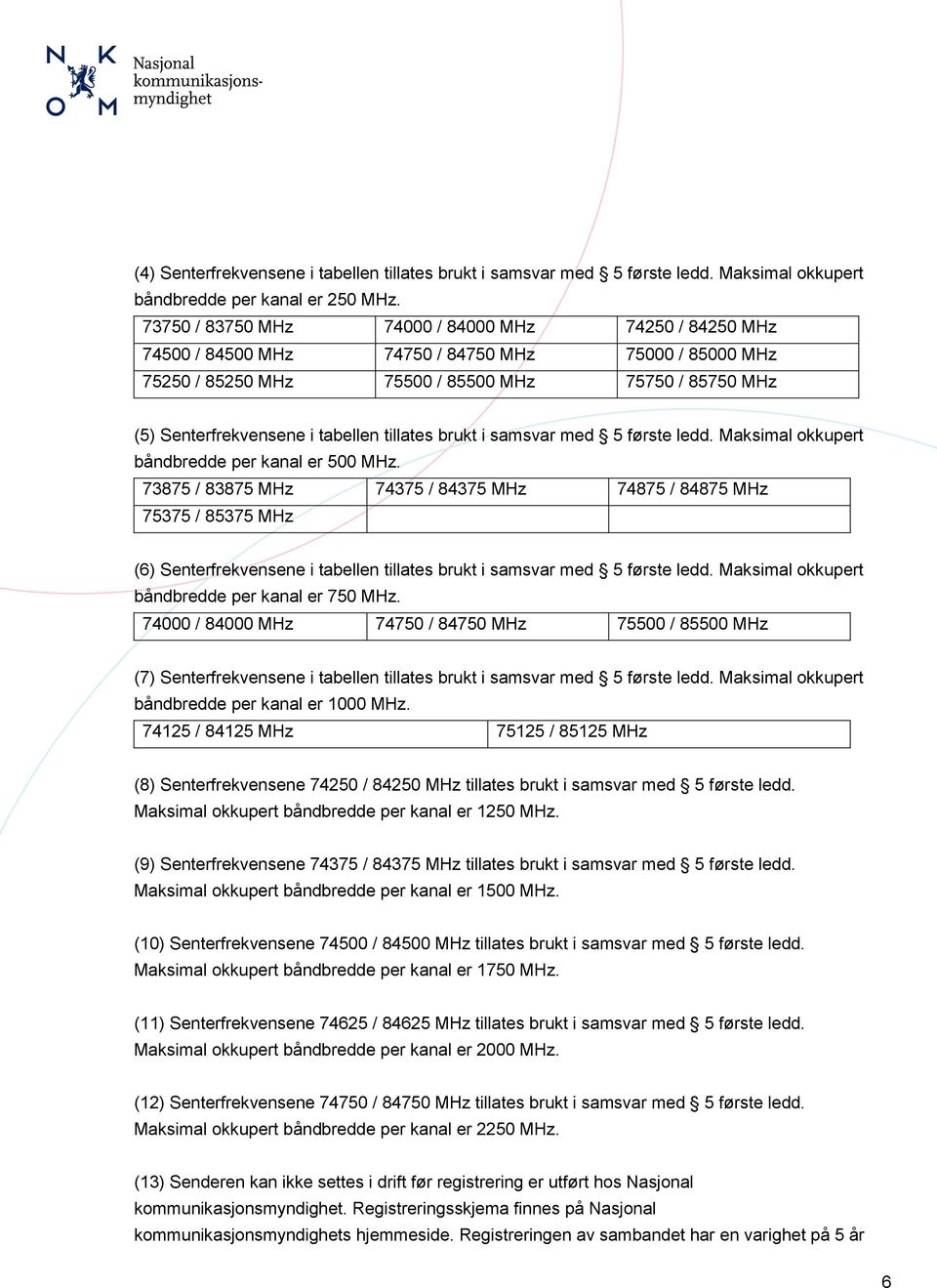 tillates brukt i samsvar med 5 første ledd. Maksimal okkupert båndbredde per kanal er 500 MHz.