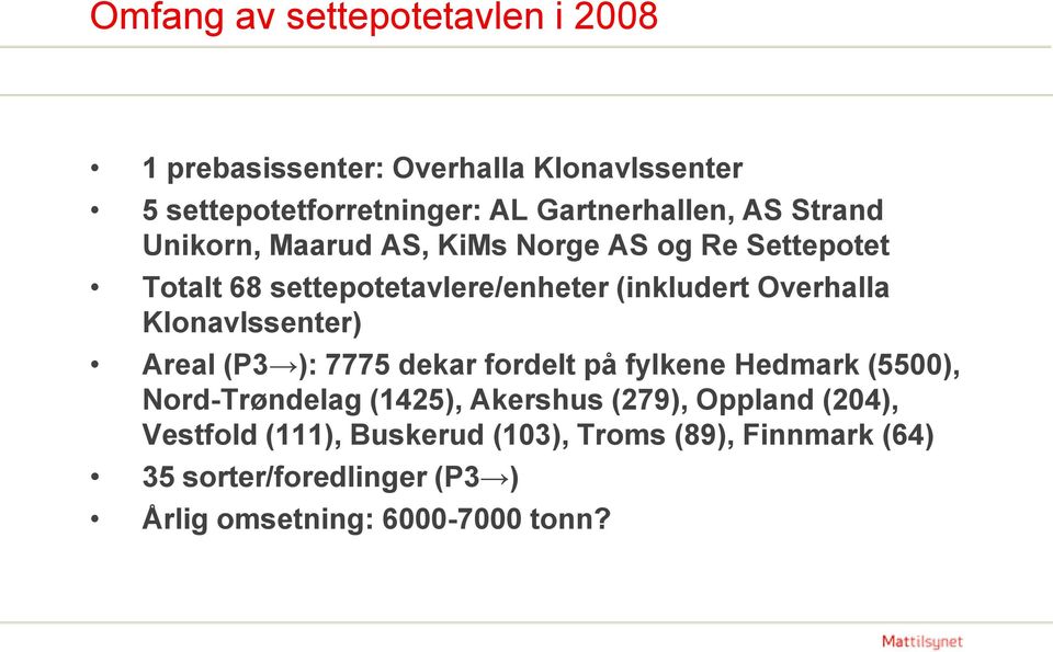 Klonavlssenter) Areal (P3 ): 7775 dekar fordelt på fylkene Hedmark (5500), Nord-Trøndelag (1425), Akershus (279),
