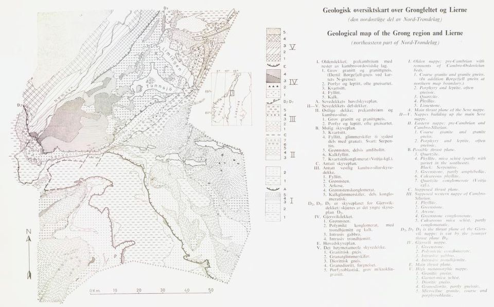 Fyllitt.! 5. Kalk.. A. Sevedekkets hovelskyveplan. fl V. Sevedekkets del-dekker. 11. Østlige dekke; prekambrium og kambro-silur. 1. Grov granitt og granittgneis. 2. Porfyr og leptitt, ofte gneisartet.