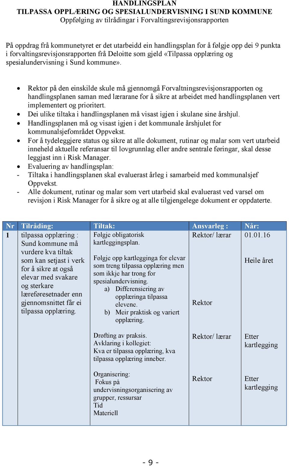 Rektor på den einskilde skule må gjennomgå Forvaltningsrevisjonsrapporten og handlingsplanen saman med lærarane for å sikre at arbeidet med handlingsplanen vert implementert og prioritert.