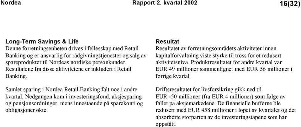 personkunder. Resultatene fra disse aktivitetene er inkludert i Retail Banking. Samlet sparing i Nordea Retail Banking falt noe i andre kvartal.