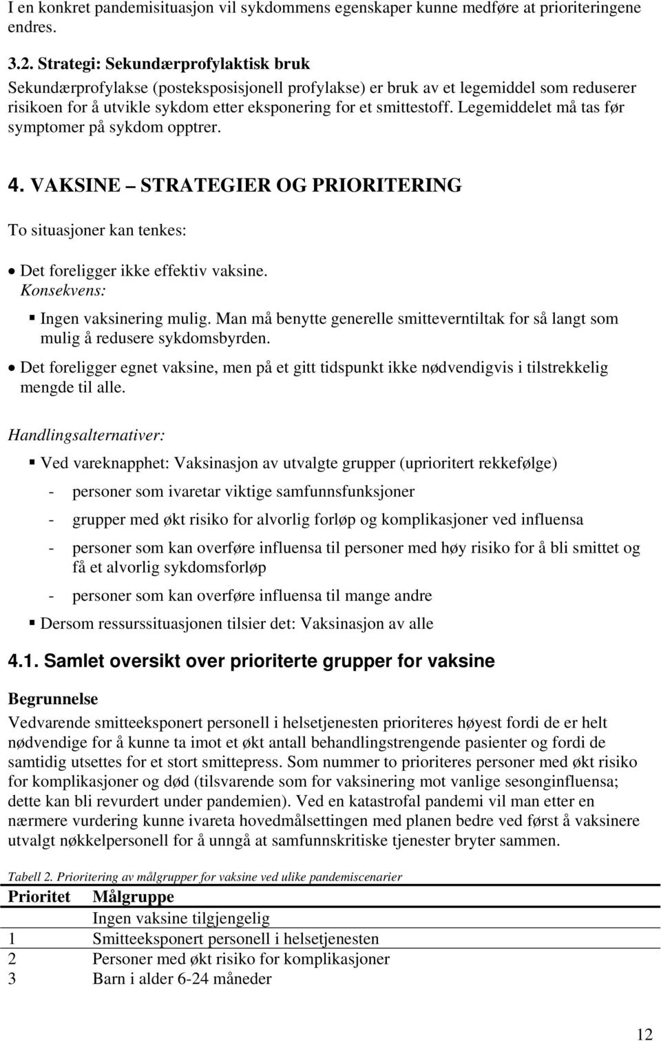 Legemiddelet må tas før symptomer på sykdom opptrer. 4. VAKSINE STRATEGIER OG PRIORITERING To situasjoner kan tenkes: Det foreligger ikke effektiv vaksine. Konsekvens: Ingen vaksinering mulig.