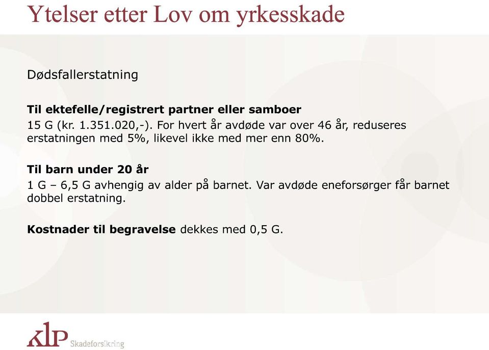 For hvert år avdøde var over 46 år, reduseres erstatningen med 5%, likevel ikke med mer enn