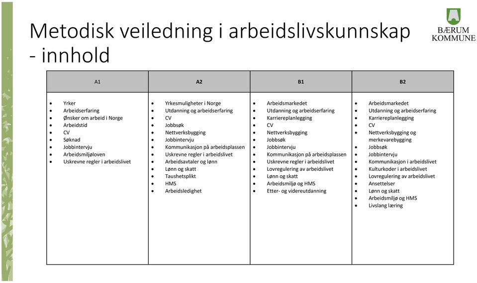 Taushetsplikt HMS Arbeidsledighet Arbeidsmarkedet Utdanning og arbeidserfaring Karriereplanlegging CV Nettverksbygging Jobbsøk Jobbintervju Kommunikasjon på arbeidsplassen Uskrevne regler i