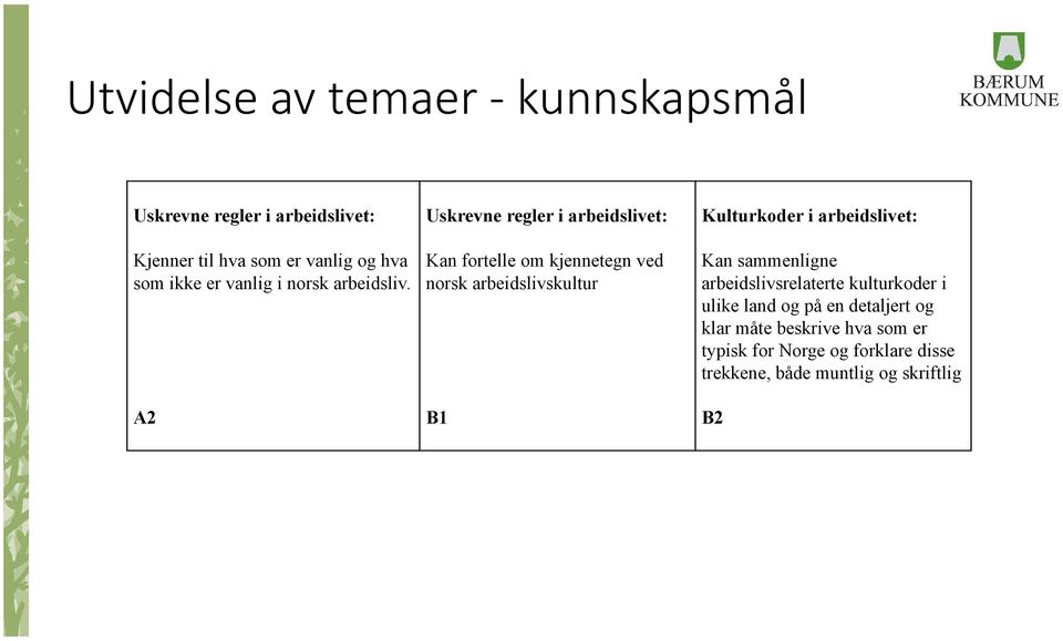 A2 Uskrevne regler i arbeidslivet: Kan fortelle om kjennetegn ved norsk arbeidslivskultur B1 Kulturkoder i