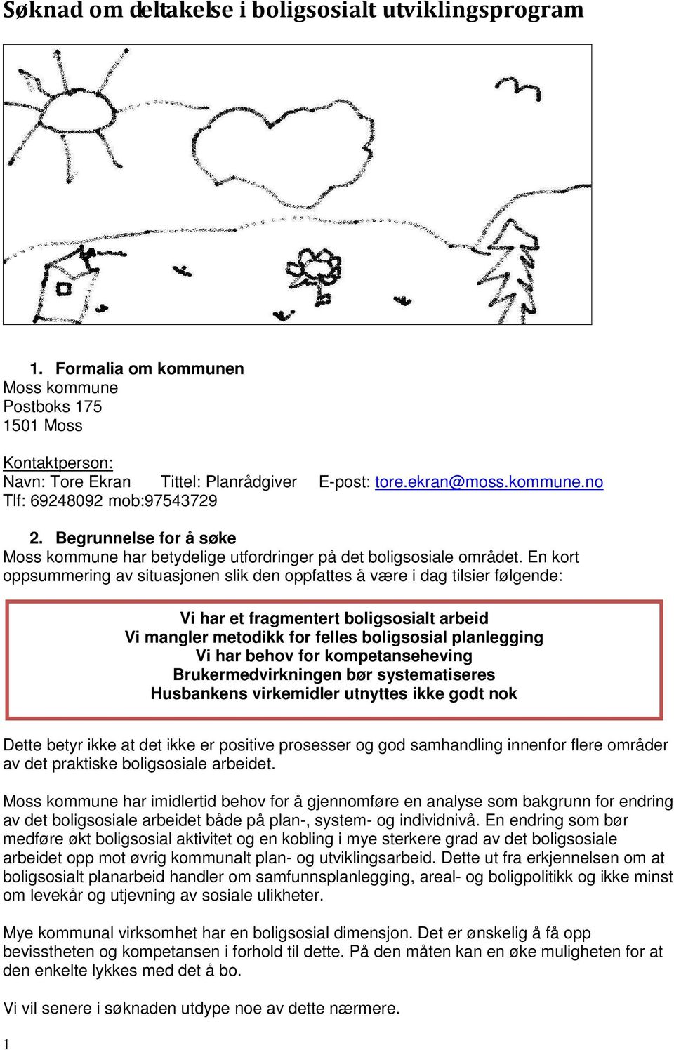 En kort oppsummering av situasjonen slik den oppfattes å være i dag tilsier følgende: Vi har et fragmentert boligsosialt arbeid Vi mangler metodikk for felles boligsosial planlegging Vi har behov for