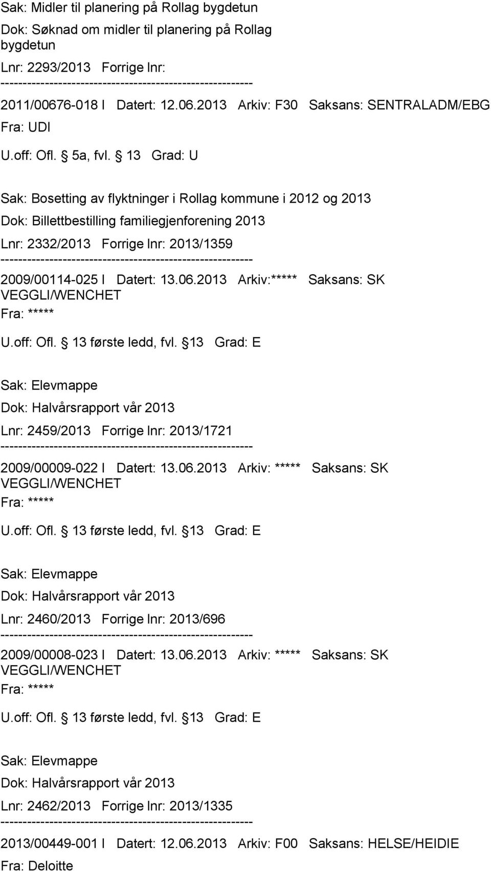 13 Grad: U Sak: Bosetting av flyktninger i Rollag kommune i 2012 og 2013 Dok: Billettbestilling familiegjenforening 2013 Lnr: 2332/2013 Forrige lnr: 2013/1359 2009/00114-025 I Datert: 13.06.