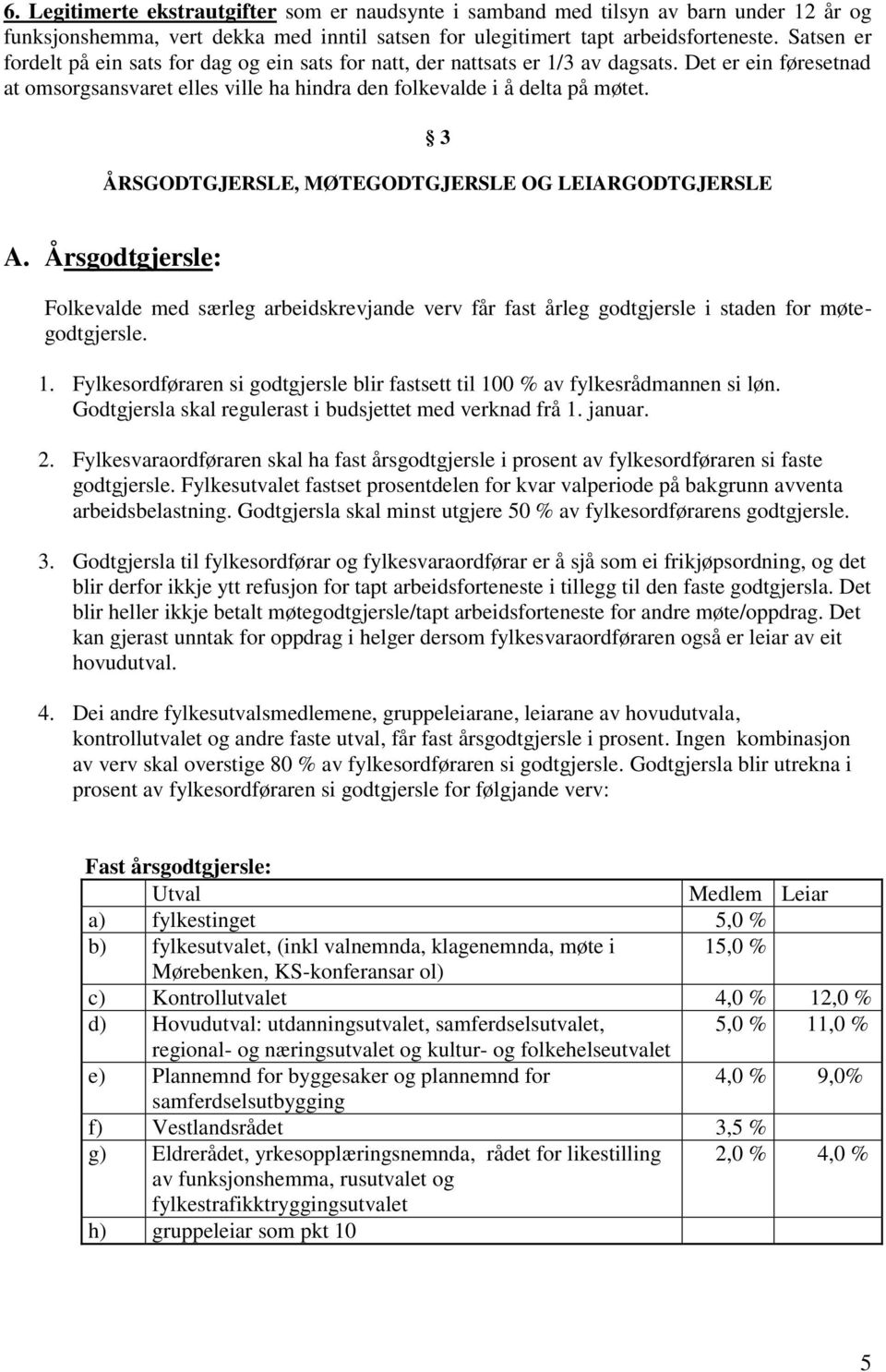 3 ÅRSGODTGJERSLE, MØTEGODTGJERSLE OG LEIARGODTGJERSLE A. Årsgodtgjersle: Folkevalde med særleg arbeidskrevjande verv får fast årleg godtgjersle i staden for møtegodtgjersle. 1.