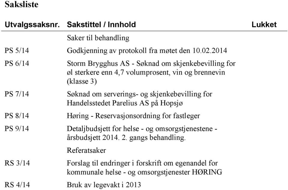 serverings- og skjenkebevilling for Handelsstedet Parelius AS på Hopsjø Høring - Reservasjonsordning for fastleger PS 9/14 Detaljbudsjett for helse - og