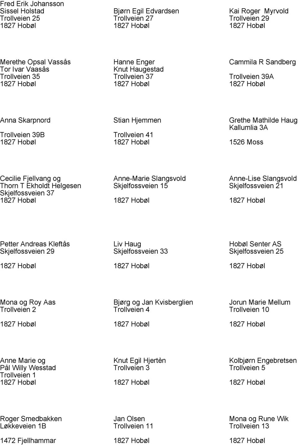 Slangsvold Anne-Lise Slangsvold Thorn T Ekholdt Helgesen Skjelfossveien 15 Skjelfossveien 21 Skjelfossveien 37 Petter Andreas Kleftås Liv Haug Hobøl Senter AS Skjelfossveien 29 Skjelfossveien 33