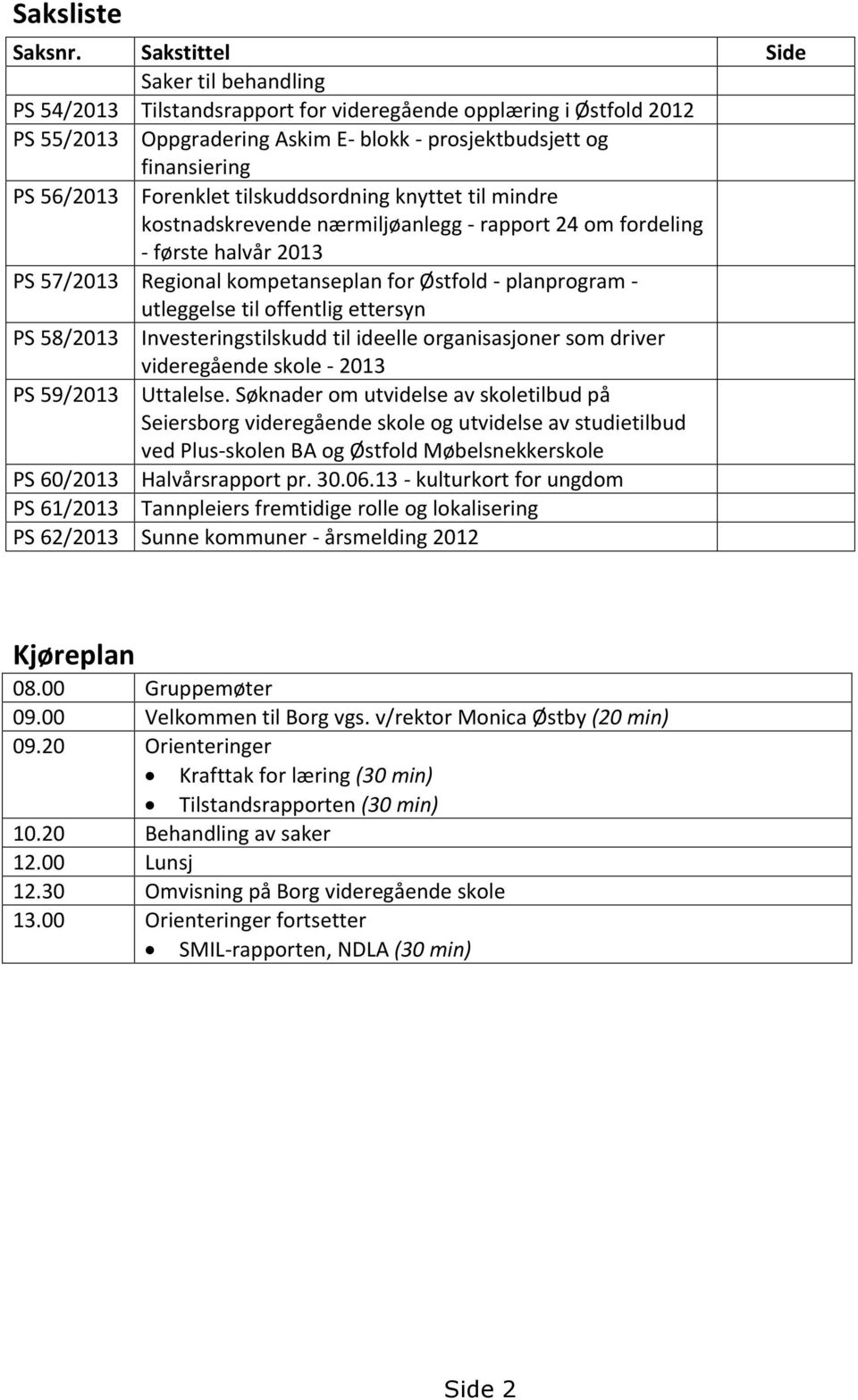 Forenklet tilskuddsordning knyttet til mindre kostnadskrevende nærmiljøanlegg - rapport 24 om fordeling - første halvår 2013 PS 57/2013 Regional kompetanseplan for Østfold - planprogram - utleggelse