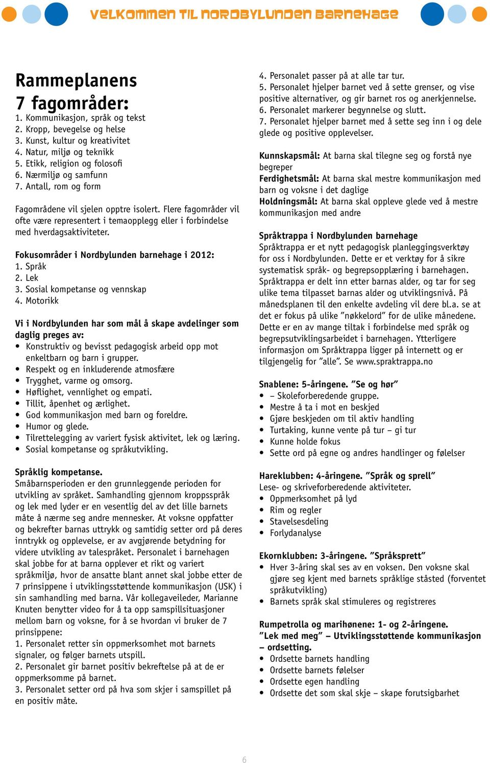 Fokusområder i Nordbylunden barnehage i 2012: 1. Språk 2. Lek 3. Sosial kompetanse og vennskap 4.