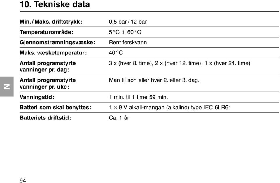 væsketemperatur: 40 C Antall programstyrte 3 x (hver 8. time), 2 x (hver 12. time), 1 x (hver 24. time) vanninger pr.