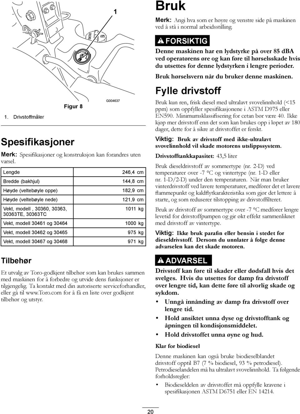 Lengde Bredde (bakhjul) Høyde (veltebøyle oppe) Høyde (veltebøyle nede) Vekt, modell, 30360, 30363, 30363TE, 30363TC Vekt, modell 30461 og 30464 Vekt, modell 30462 og 30465 Vekt, modell 30467 og