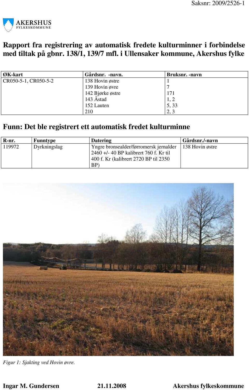 -navn CR050-5-1, CR050-5-2 138 Hovin østre 139 Hovin øvre 142 Bjørke østre 143 Åstad 152 Lauten 210 1 7 171 1, 2 5, 33 2, 3 Funn: Det ble registrert ett automatisk