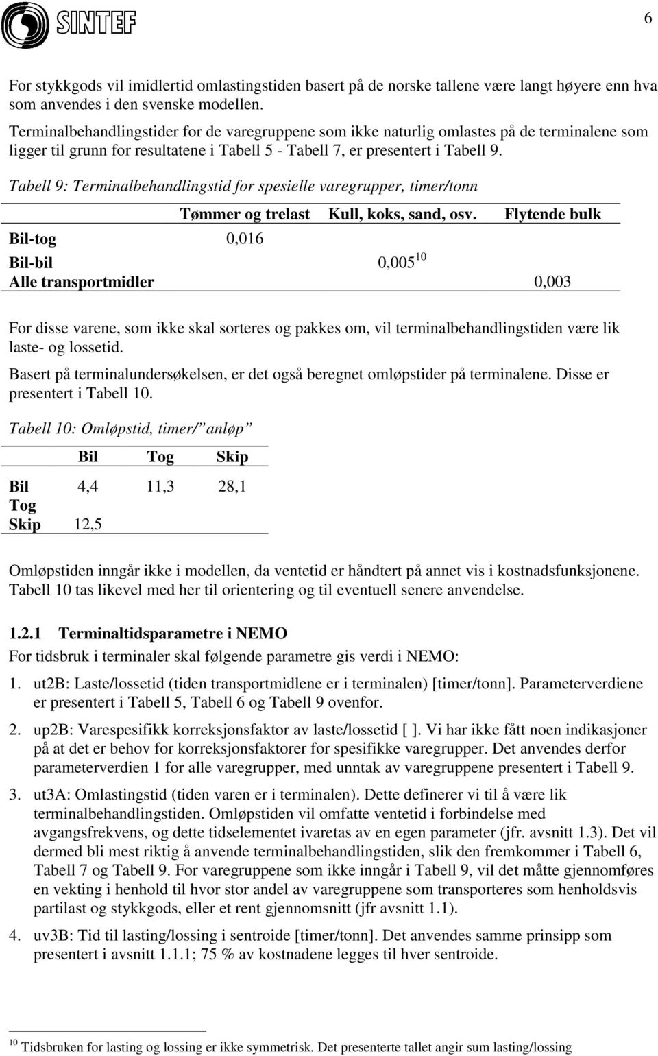 Tabell 9: Terminalbehandlingstid for spesielle varegrupper, timer/tonn Tømmer og trelast Kull, koks, sand, osv.