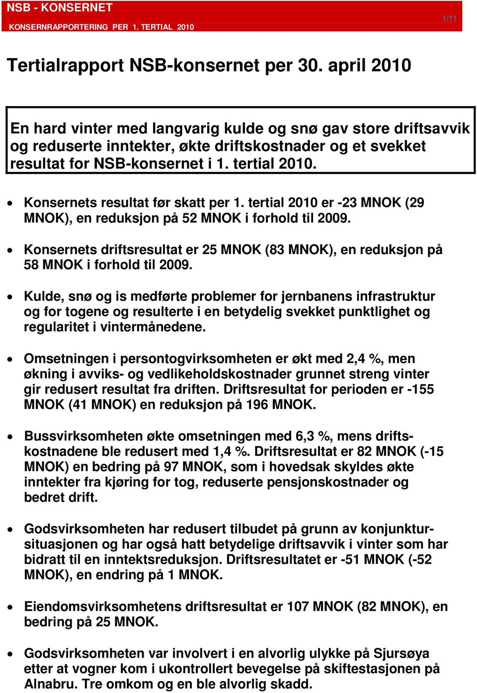 Konsernets resultat før skatt per 1. tertial 2010 er -23 MNOK (29 MNOK), en reduksjon på 52 MNOK i forhold til 2009.