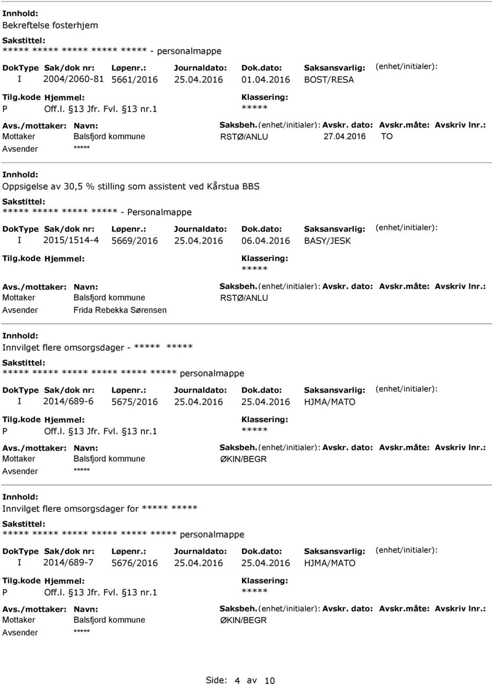 måte: Avskriv lnr.: RSTØ/ANL Frida Rebekka Sørensen nnvilget flere omsorgsdager - personalmappe 2014/689-6 5675/2016 HJMA/MATO Avs./mottaker: Navn: Saksbeh. Avskr. dato: Avskr.