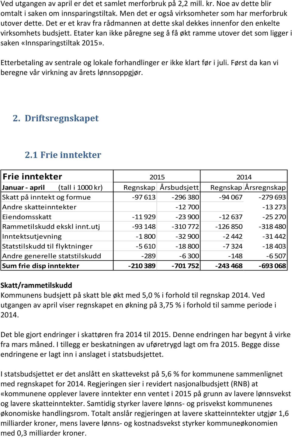 Etterbetaling av sentrale og lokale forhandlinger er ikke klart før i juli. Først da kan vi beregne vår virkning av årets lønnsoppgjør. 2. Driftsregnskapet 2.