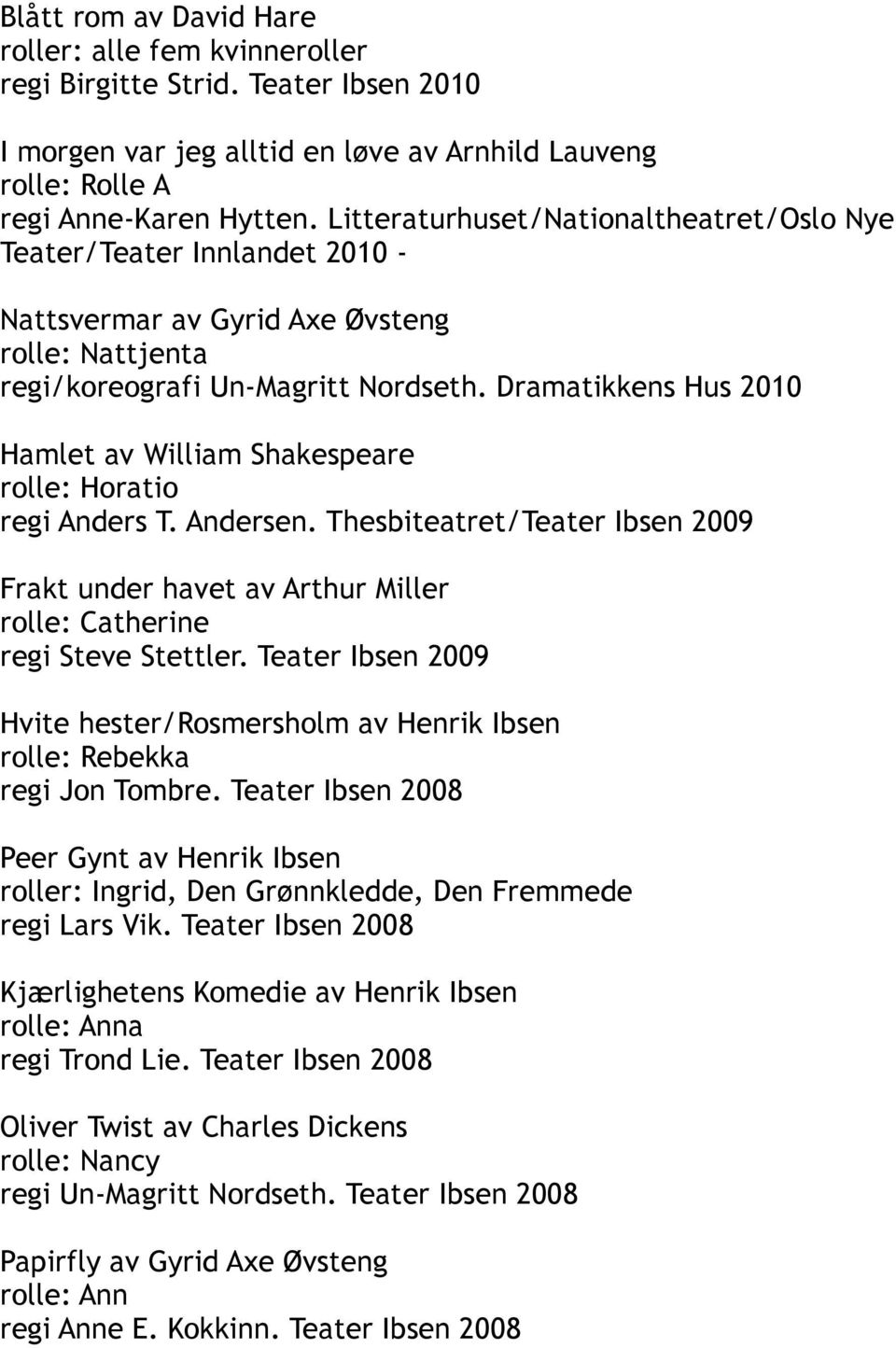 Dramatikkens Hus 2010 Hamlet av William Shakespeare rolle: Horatio regi Anders T. Andersen. Thesbiteatret/Teater Ibsen 2009 Frakt under havet av Arthur Miller rolle: Catherine regi Steve Stettler.
