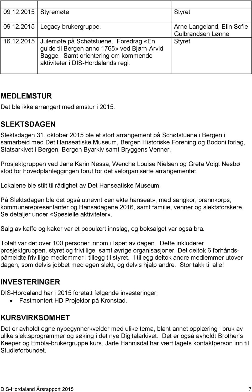 oktober 2015 ble et stort arrangement på Schøtstuene i Bergen i samarbeid med Det Hanseatiske Museum, Bergen Historiske Forening og Bodoni forlag, Statsarkivet i Bergen, Bergen Byarkiv samt Bryggens