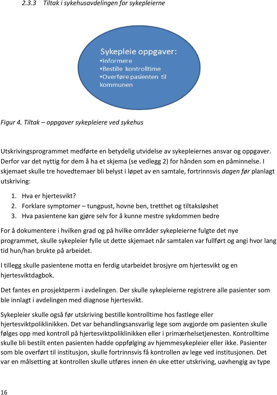 I skjemaet skulle tre hovedtemaer bli belyst i løpet av en samtale, fortrinnsvis dagen før planlagt utskriving: 1. Hva er hjertesvikt? 2.