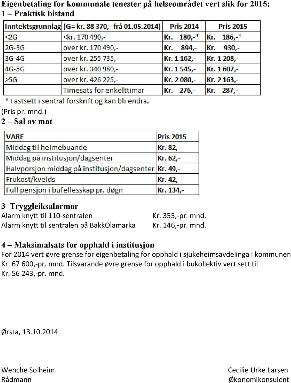 mnd. 4 Maksimalsats for opphald i institusjon For 2014 vert øvre grense for eigenbetaling for opphald i sjukeheimsavdelinga i kommunen Kr.