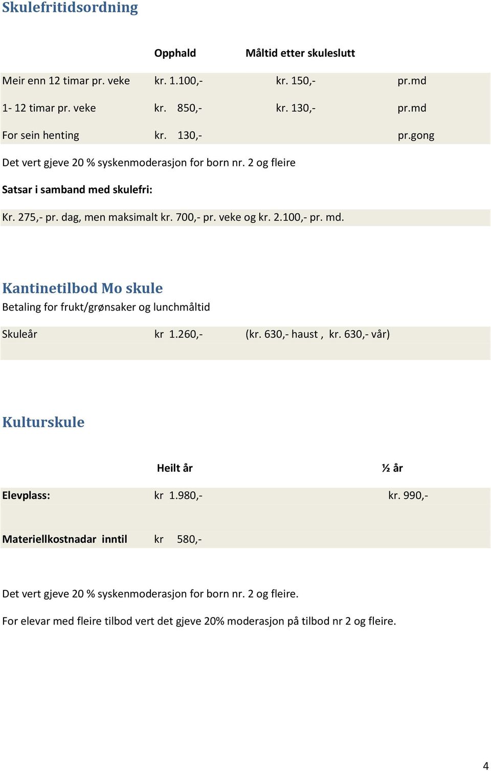 md. Kantinetilbod Mo skule Betaling for frukt/grønsaker og lunchmåltid Skuleår kr 1.260,- (kr. 630,- haust, kr. 630,- vår) Kulturskule Heilt år ½ år Elevplass: kr 1.980,- kr.