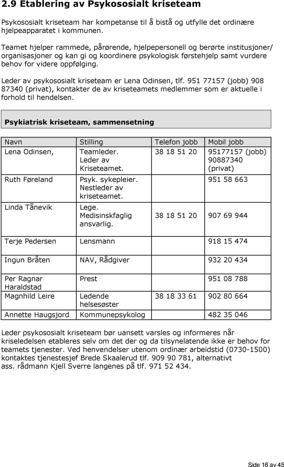 Leder av psykososialt kriseteam er Lena Odinsen, tlf. 951 77157 (jobb) 908 87340 (privat), kontakter de av kriseteamets medlemmer som er aktuelle i forhold til hendelsen.